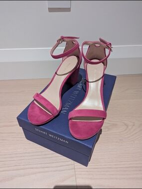 Stuart Weitzman Raspberry Suede Block Heel Ankle-Strap Sandals